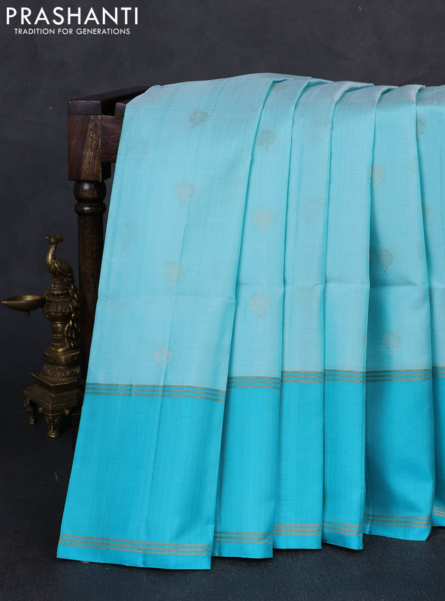Pure soft silk saree teal blue with zari woven buttas and rettapetzari woven border