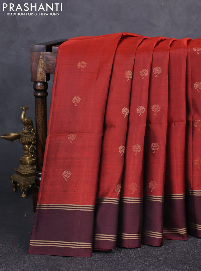 Pure soft silk saree rustic orange and deep maroon with zari woven buttas and rettapet zari woven border