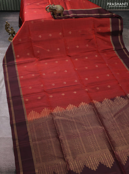 Pure soft silk saree rustic orange and deep maroon with zari woven buttas and rettapet zari woven border