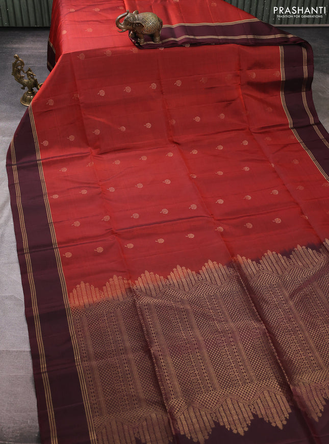 Pure soft silk saree rustic orange and deep maroon with zari woven buttas and rettapet zari woven border