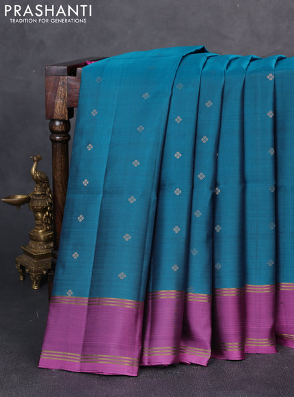 Pure soft silk saree peacock blue and mauve pink with zari woven buttas and rettapet zari woven border