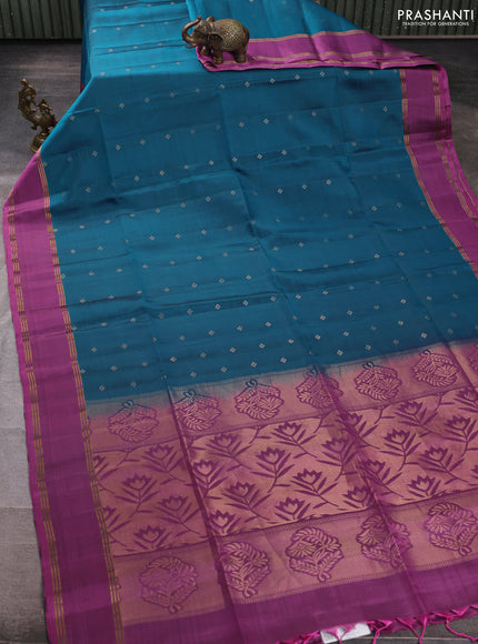 Pure soft silk saree peacock blue and mauve pink with zari woven buttas and rettapet zari woven border