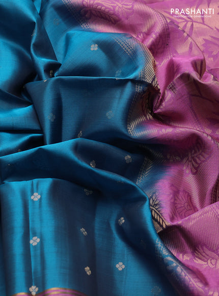 Pure soft silk saree peacock blue and mauve pink with zari woven buttas and rettapet zari woven border