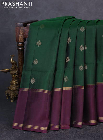Pure soft silk saree bottle green and deep wine shade with zari woven buttas and rettapet zari woven border