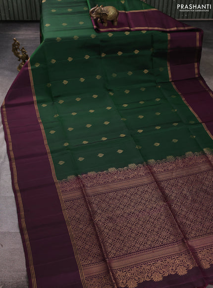 Pure soft silk saree bottle green and deep wine shade with zari woven buttas and rettapet zari woven border