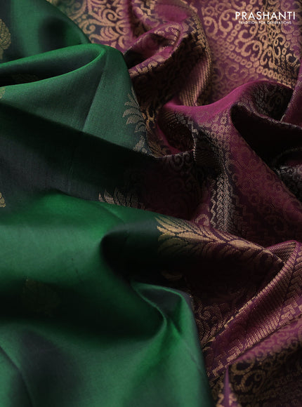Pure soft silk saree bottle green and deep wine shade with zari woven buttas and rettapet zari woven border