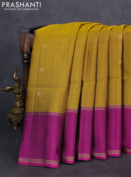 Pure soft silk saree mustard green and magenta pink with zari woven buttas and rettapet zari woven border