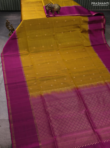 Pure soft silk saree mustard green and magenta pink with zari woven buttas and rettapet zari woven border