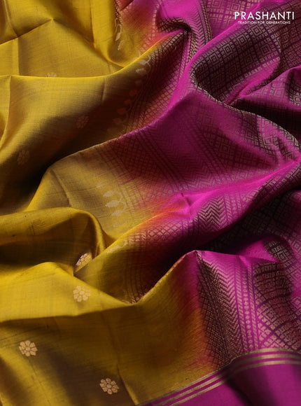 Pure soft silk saree mustard green and magenta pink with zari woven buttas and rettapet zari woven border