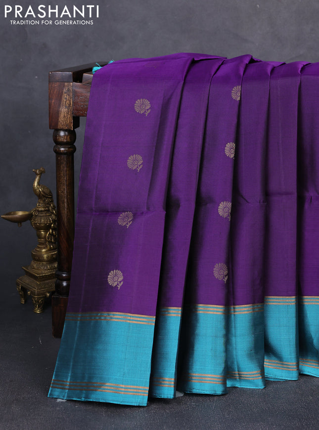 Pure soft silk saree violet and teal blue with zari woven buttas and rettapet zari woven border