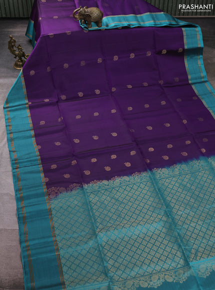 Pure soft silk saree violet and teal blue with zari woven buttas and rettapet zari woven border