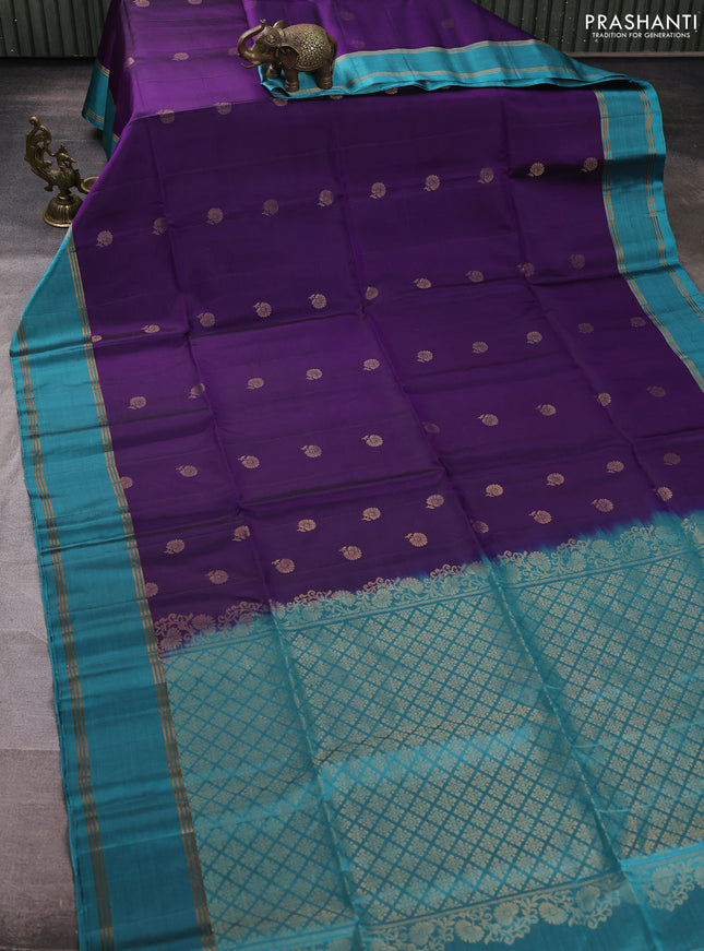 Pure soft silk saree violet and teal blue with zari woven buttas and rettapet zari woven border
