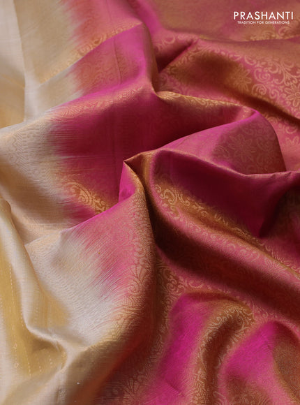 Pure soft silk saree beige and pink with allover zari weaves  and rettapet zari woven border
