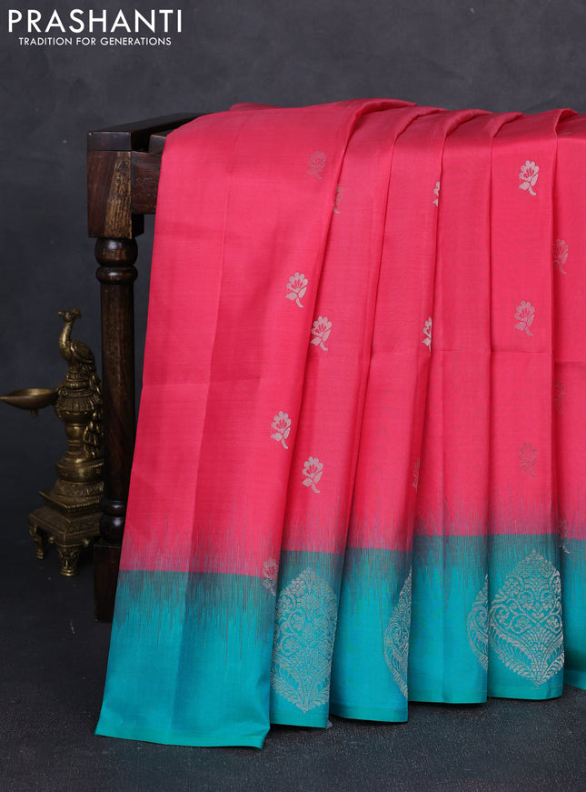 Pure soft silk saree peach pink and teal green with allover silver & zari floral buttas and zari woven butta border