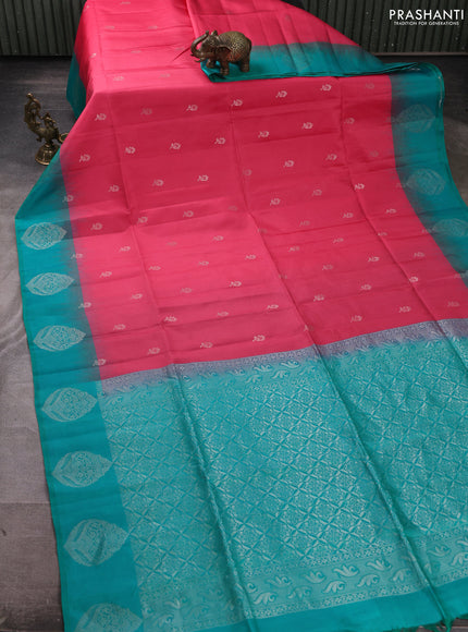Pure soft silk saree peach pink and teal green with allover silver & zari floral buttas and zari woven butta border