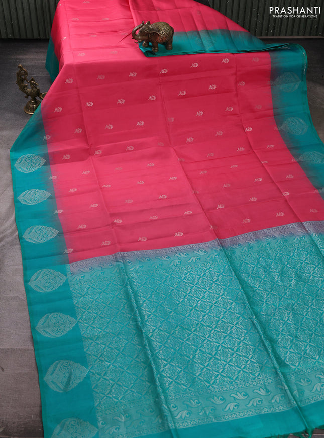 Pure soft silk saree peach pink and teal green with allover silver & zari floral buttas and zari woven butta border