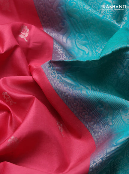 Pure soft silk saree peach pink and teal green with allover silver & zari floral buttas and zari woven butta border