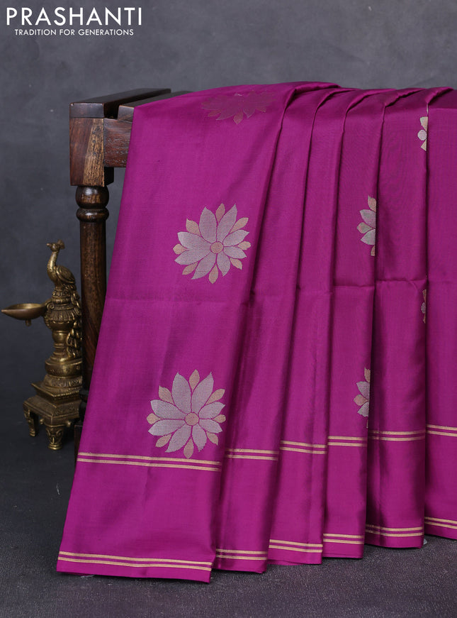 Pure soft silk saree purple with allover silver & zari floral buttas and rettapet zari woven border