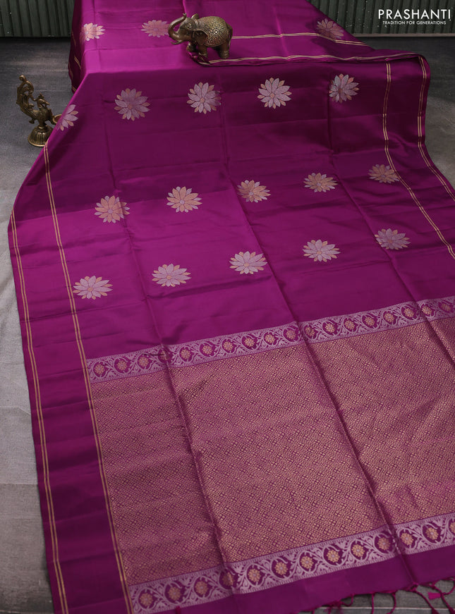 Pure soft silk saree purple with allover silver & zari floral buttas and rettapet zari woven border