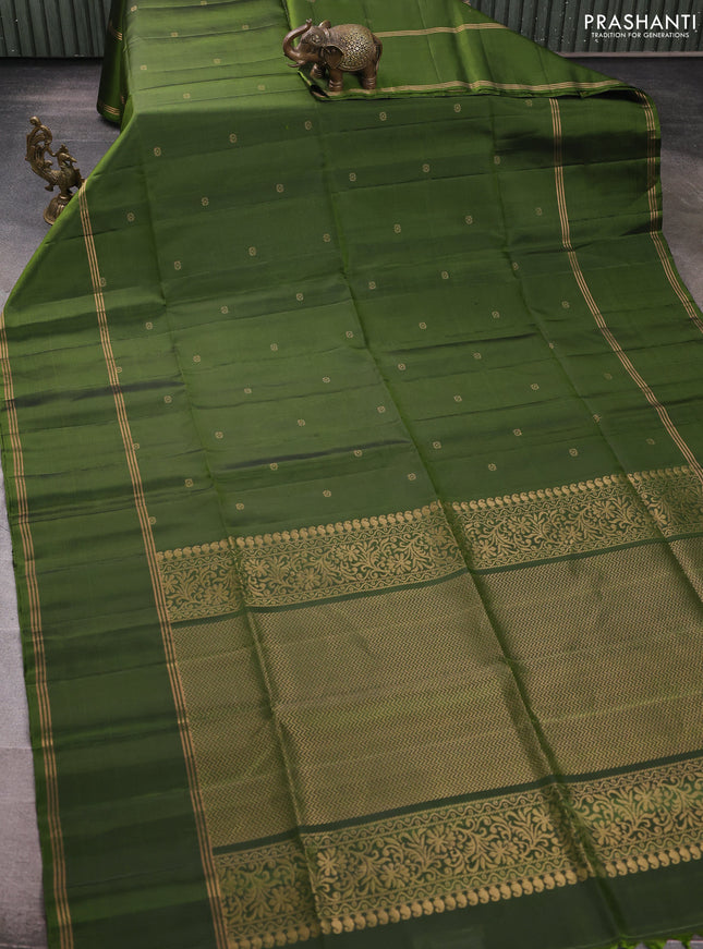 Pure soft silk saree mehendi green with zari woven buttas and rettapet zari woven border