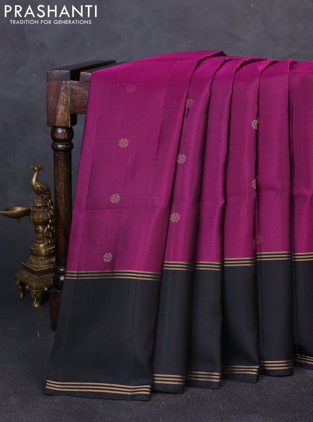 Pure soft silk saree magenta pink and black with allover zari woven buttas and rettapet zari woven border