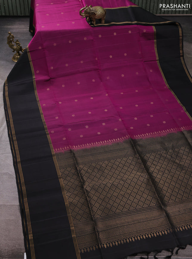 Pure soft silk saree magenta pink and black with allover zari woven buttas and rettapet zari woven border
