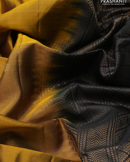 Pure soft silk saree dark mustard and black with zari woven buttas and rettapet zari woven border