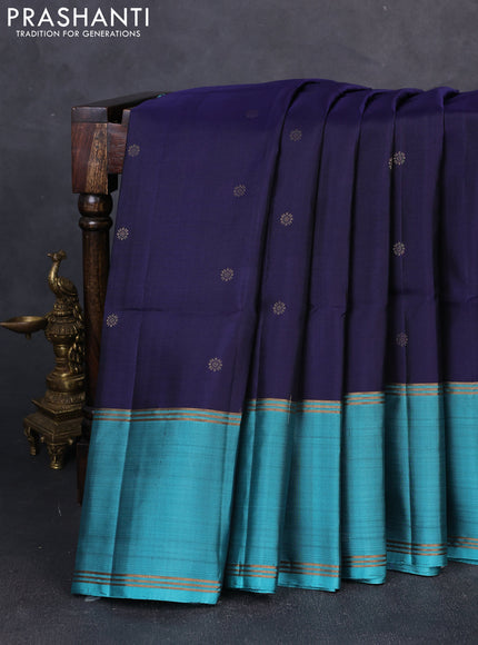Pure soft silk saree navy blue and teal green with zari woven buttas and long rettapet zari woven border