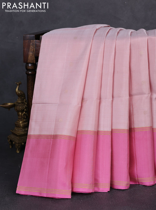 Pure soft silk saree pastel pink and peach pink with allover zari woven buttas and long rettapet zari woven border
