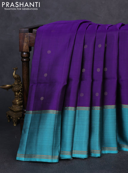 Pure soft silk saree violet and teal green with allover zari woven buttas and long rettapet zari woven border