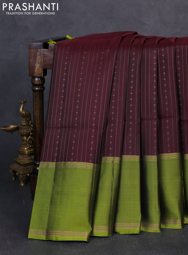 Pure soft silk saree coffee brown and light green with allover zari weaves  and long rettapet zari woven border