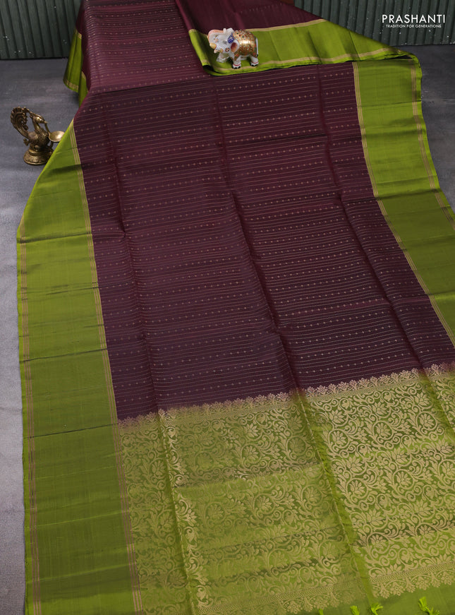 Pure soft silk saree coffee brown and light green with allover zari weaves  and long rettapet zari woven border