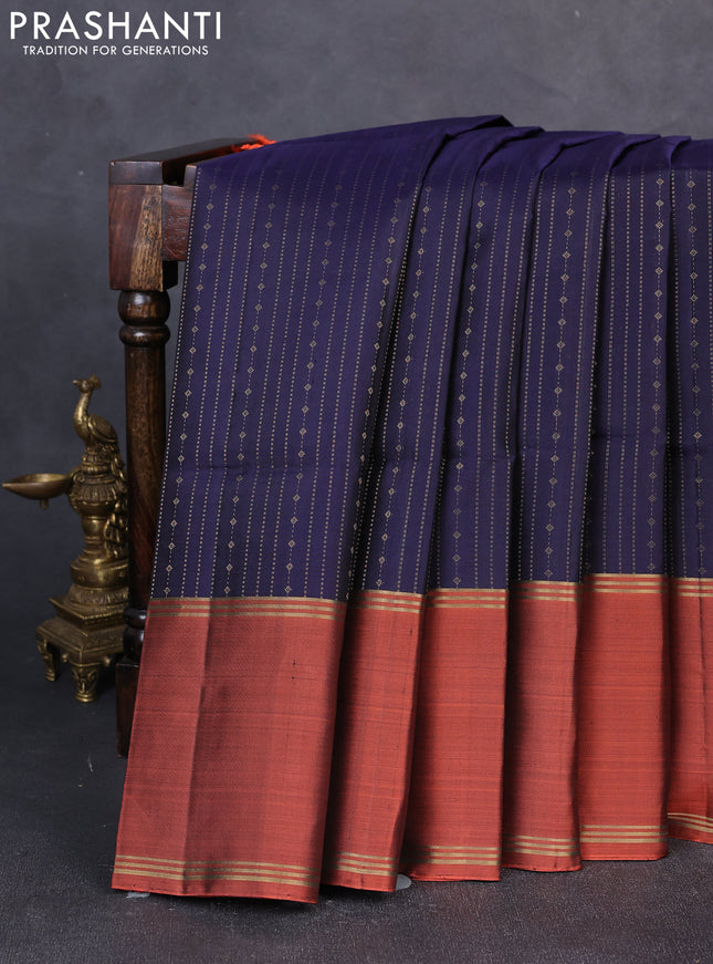 Pure soft silk saree navy blue and orange with allover zari weaves  and long rettapet zari woven border