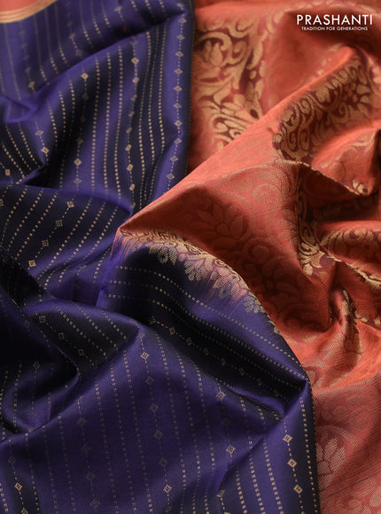 Pure soft silk saree navy blue and orange with allover zari weaves  and long rettapet zari woven border