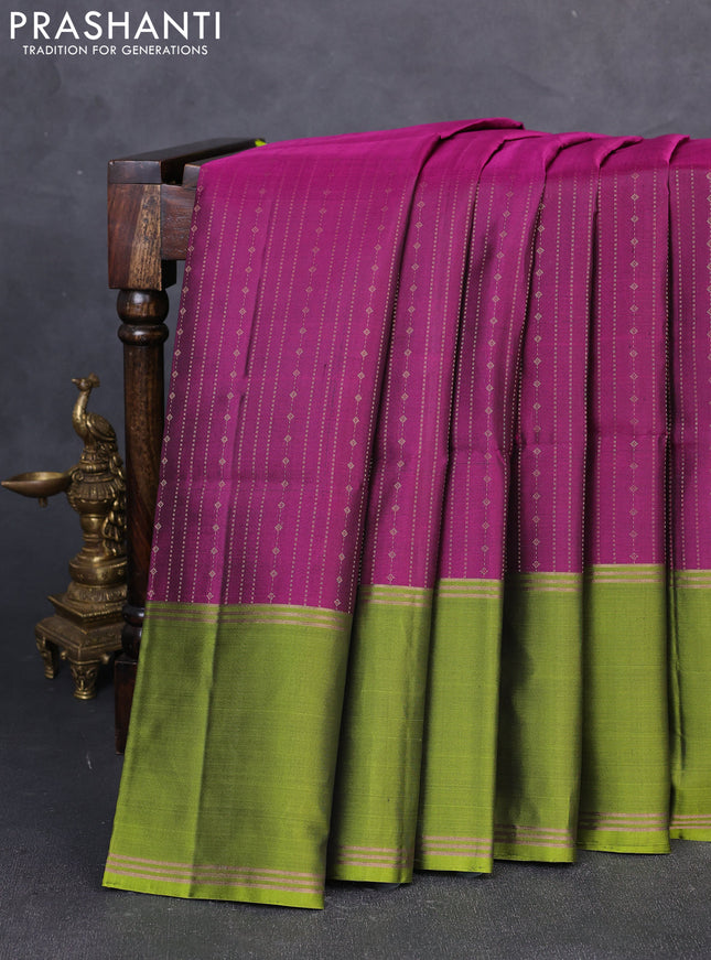 Pure soft silk saree magenta pink and light green with allover zari weaves  and long rettapet zari woven border