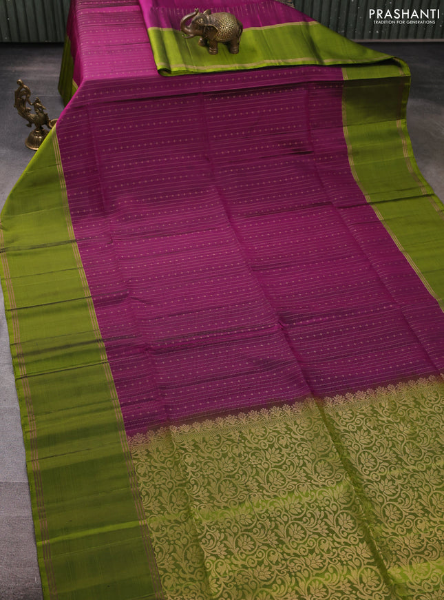 Pure soft silk saree magenta pink and light green with allover zari weaves  and long rettapet zari woven border