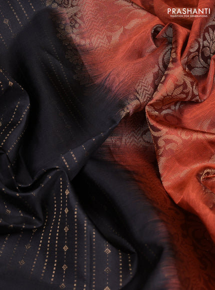 Pure soft silk saree black and orange with allover zari weaves  and long rettapet zari woven border