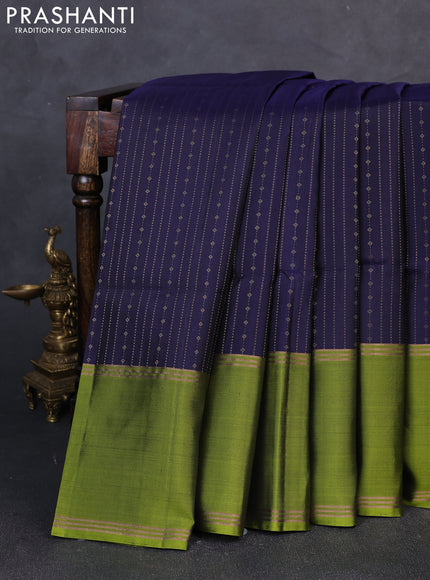 Pure soft silk saree navy blue and light green with allover zari weaves  and long rettapet zari woven border