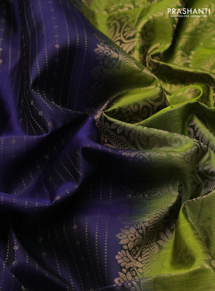Pure soft silk saree navy blue and light green with allover zari weaves  and long rettapet zari woven border