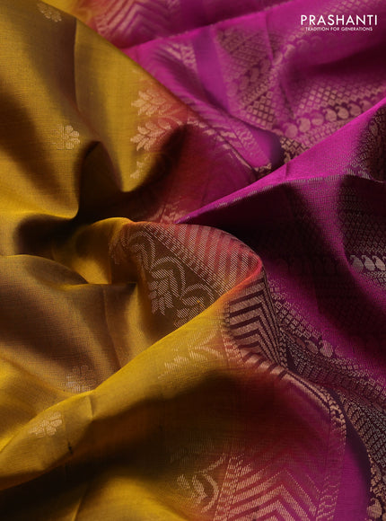 Pure soft silk saree dark mustard and magenta pink with allover zari woven buttas and long rettapet zari woven border