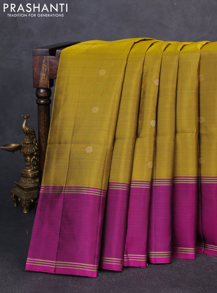 Pure soft silk saree mustard green and magenta pink with allover zari woven buttas and long rettapet zari woven border