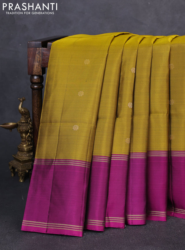 Pure soft silk saree mustard green and magenta pink with allover zari woven buttas and long rettapet zari woven border