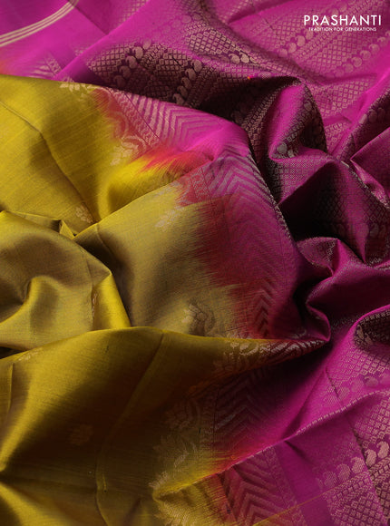 Pure soft silk saree mustard green and magenta pink with allover zari woven buttas and long rettapet zari woven border
