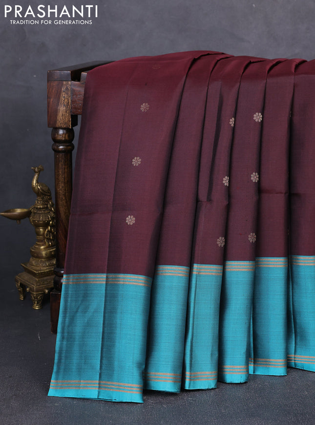 Pure soft silk saree coffee brown and teal blue with allover zari woven buttas and long rettapet zari woven border