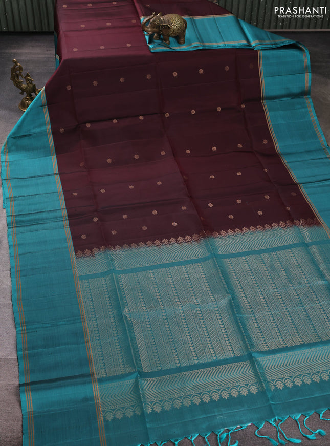 Pure soft silk saree coffee brown and teal blue with allover zari woven buttas and long rettapet zari woven border