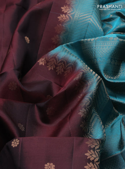 Pure soft silk saree coffee brown and teal blue with allover zari woven buttas and long rettapet zari woven border