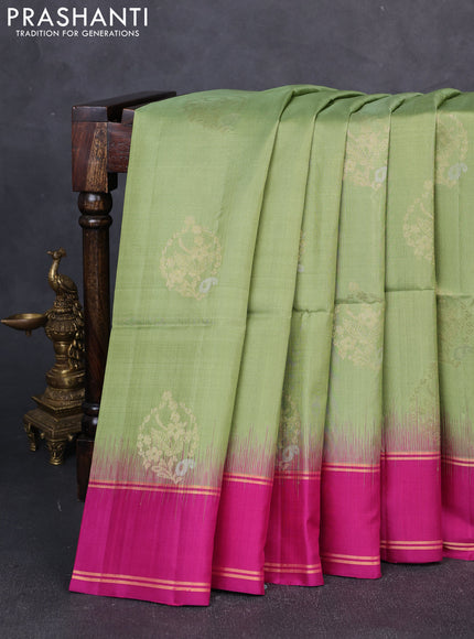 Pure soft silk saree pista green and magenta pink with zari woven buttas and rettapet zari woven border