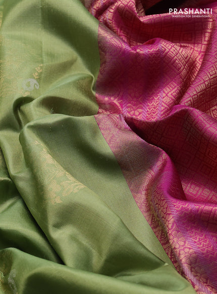 Pure soft silk saree pista green and magenta pink with zari woven buttas and rettapet zari woven border
