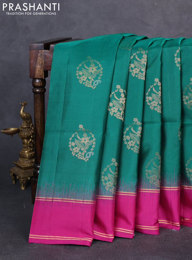 Pure soft silk saree green and magenta pink with zari woven buttas and rettapet zari woven border