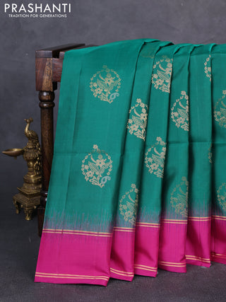 Pure soft silk saree green and magenta pink with zari woven buttas and rettapet zari woven border
